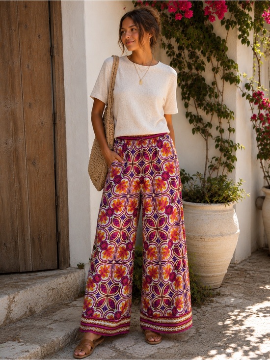 Pants - Free People Emerson Pop Printed Wide-Leg Pants – Size Small Boho Festival Coast
